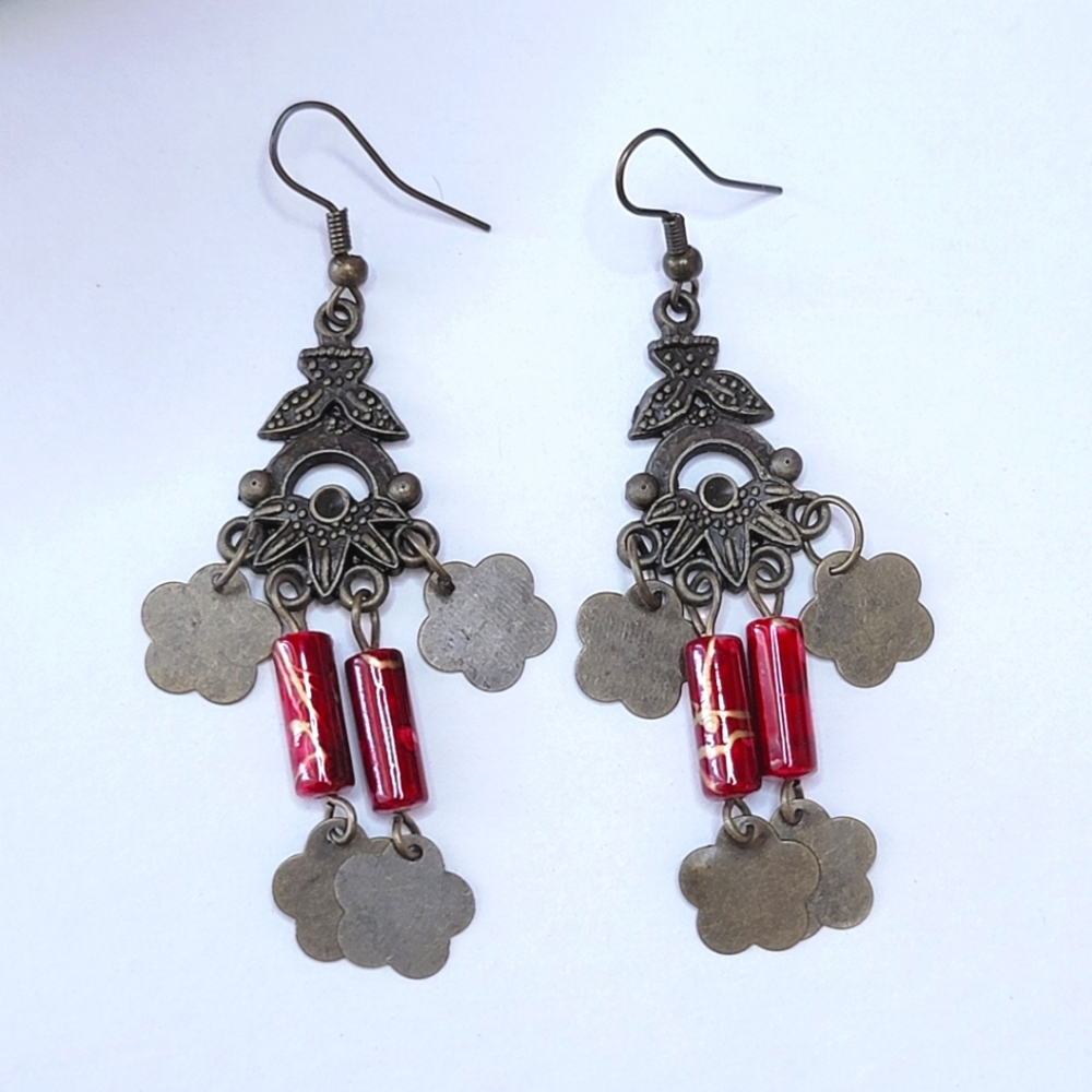 Chandelier floral & red  beads Earrings Ethnic Jewelry NEW